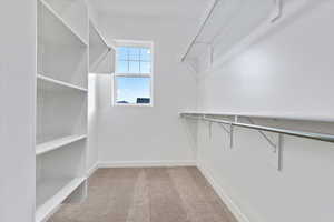 Spacious closet with light colored carpet