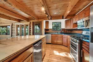 Kitchen featuring rustic walls, stainless steel appliances, wood ceiling, and beam ceiling