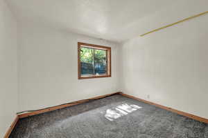 Unfurnished room featuring carpet and a textured ceiling