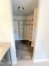 Walk in closet with dark hardwood / wood-style floors