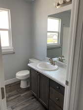 Bathroom with wood-type flooring, vanity, and toilet