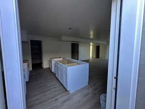 Kitchen with white cabinets and hardwood / wood-style floors