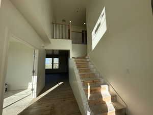 Stairs featuring hardwood / wood-style flooring and a high ceiling