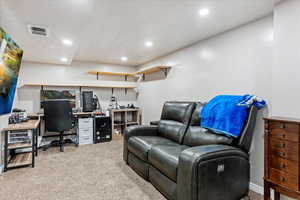 Home office featuring carpet or a home theater