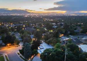 Aerial view at dusk with a mountain view