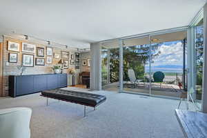 Carpeted living room with a wealth of natural light, floor to ceiling windows, track lighting, and a mountain view