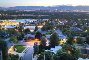 Aerial view at dusk with a mountain view