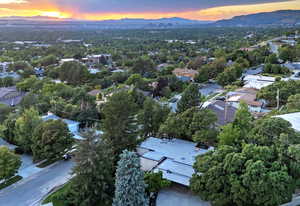 Aerial view at dusk with a mountain view