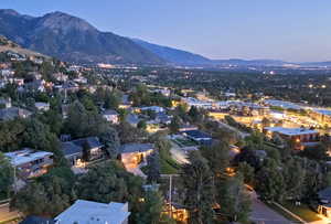 Aerial view at dusk with a mountain view