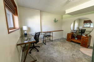 Office space with crown molding and light colored carpet