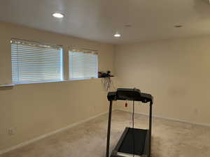 Basement living room with light carpet