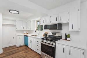 Kitchen with sink, dark hardwood / wood-style flooring, white cabinets, and stainless steel appliances