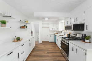 Kitchen featuring appliances with stainless steel finishes, sink, dark hardwood / wood-style flooring, and white cabinets