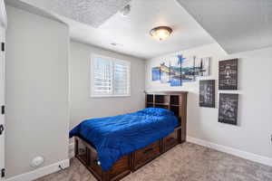 Bedroom featuring light carpet and a textured ceiling