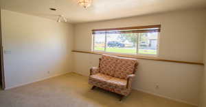 Basement family room with light colored carpet and a textured ceiling