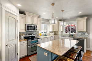 Kitchen featuring tasteful backsplash, appliances with stainless steel finishes, dark hardwood / wood-style floors, and a healthy amount of sunlight