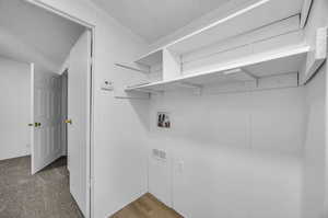 Laundry area with carpet, washer hookup, a textured ceiling, and crown molding