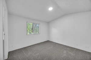 Spare room featuring a textured ceiling, carpet floors, and lofted ceiling