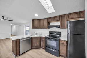 Kitchen featuring ceiling fan, a skylight, light hardwood / wood-style floors, sink, and black appliances