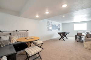 Carpeted living room featuring a textured ceiling