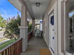 View of porch with staging