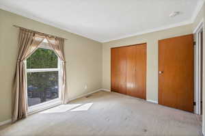 Unfurnished bedroom featuring ornamental molding and light carpet