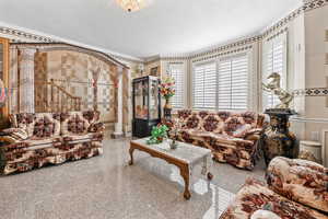 Living room featuring ornamental molding, a textured ceiling, and a healthy amount of sunlight