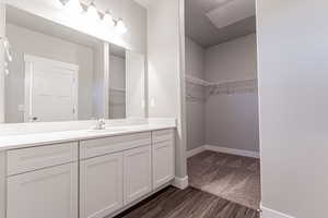 Bathroom with vanity and wood-type flooring