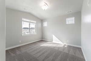 Carpeted spare room with a textured ceiling, a wealth of natural light, and lofted ceiling