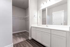 Bathroom with wood-type flooring and vanity