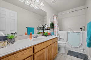 Bathroom featuring tile patterned flooring, toilet, and vanity