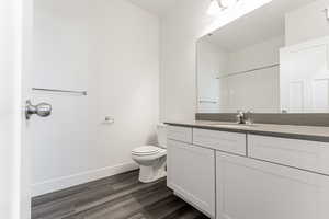 Bathroom featuring toilet, vanity, walk in shower, and wood-type flooring