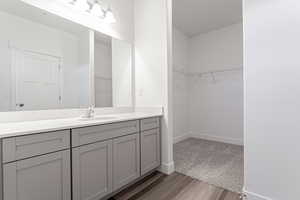 Bathroom featuring hardwood / wood-style flooring and vanity