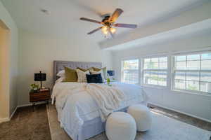 Bedroom featuring carpet flooring and ceiling fan