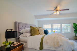 Bedroom featuring multiple windows, carpet, and ceiling fan