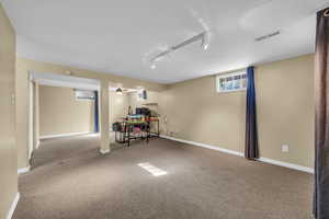 Basement featuring rail lighting and carpet flooring