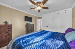 Bedroom featuring ceiling fan, a closet, a textured ceiling, and ornamental molding