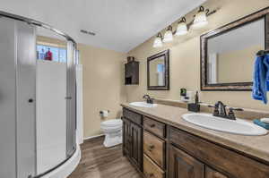 Bathroom featuring vanity, a textured ceiling, wood-type flooring, toilet, and a shower with door