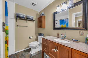 Bathroom with crown molding, vanity, walk in shower, and toilet