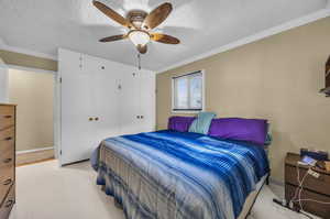 Carpeted bedroom with ceiling fan, crown molding, a textured ceiling, and a closet