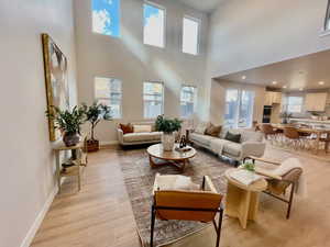 Living room featuring a towering ceiling and light hardwood / wood-style floors