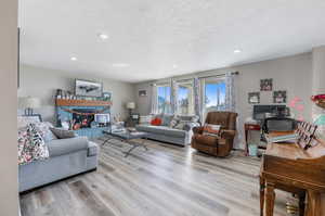 Living room featuring light wood-type flooring and a textured ceiling