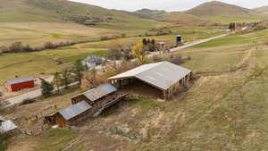 Birds eye view of property of arena and outbuildings