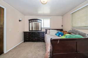 Carpeted bedroom featuring a textured ceiling