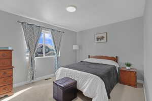 Bedroom featuring light carpet