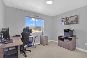 Bedroom/office space with light colored carpet