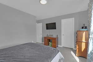 View of carpeted bedroom, large closet