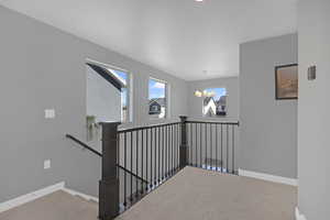 Beautiful banister, Stairs with carpet floors and a chandelier