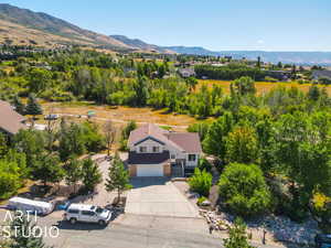 Birds eye view of property with a mountain view