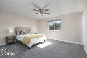 Bedroom with carpet and ceiling fan